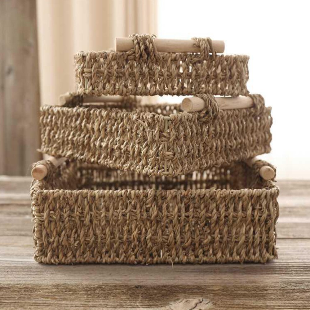 Straw Basket Wooden Handle Table Simple Storage Basket for Sundries Cosmetics Key (Small Size 21x21x5cm)