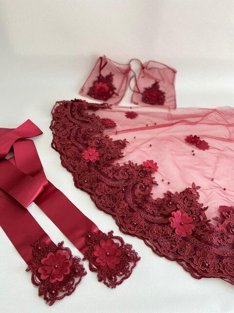 Gants de ceinture de luxe froncés pour mariée, ensemble complet, couleur rouge bordeaux, henné, mariage nocturne, accessoire pour future mariée,: Burgundy