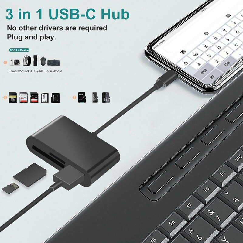 3 in 1 Type C Card Reader USB C to USB 2.0 Micro-SD TF Memory Card Reader OTG Hub Adapter Converter for iPad Pro