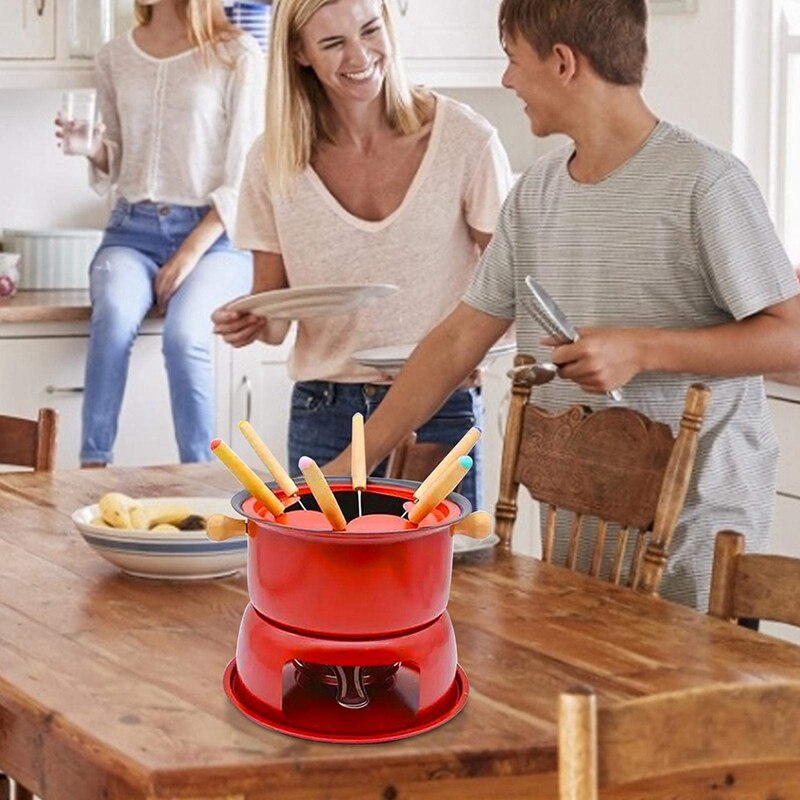 -Rode Mini Rvs Fondue Pot Kaas Chocolade Fondue 6 Dompelen Vorken En Verwijderbare Pot Smelt Snoep saus Dip