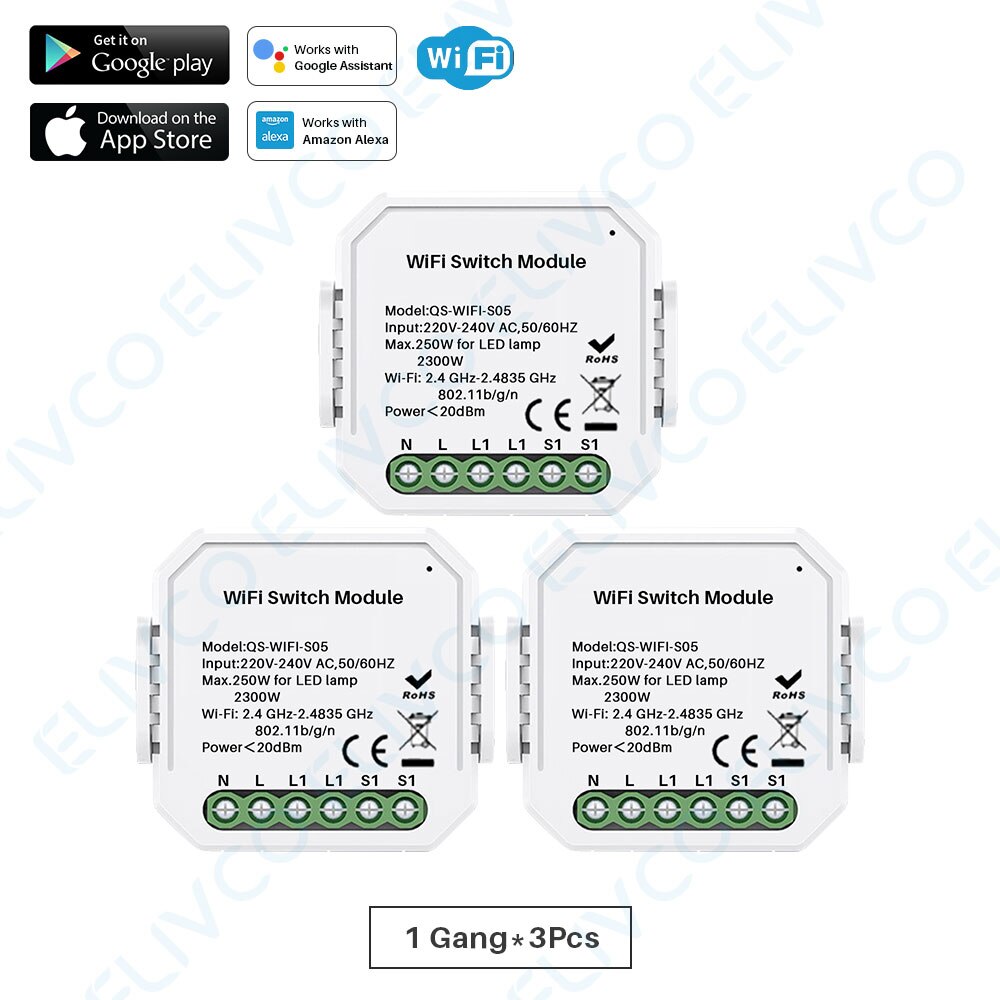 Wifi Smart Switch Module 1 Gang/2 Gang Two Way 10A 2300W Tuya Smart Leven App Afstandsbediening groep Controle Timer Werkt Met Alexa: 1Gang-3Pcs