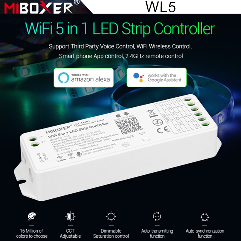 Miboxer WL5 2.4G 5 IN 1 WiFi LED Controller Voor Enkele kleur CCT RGB RGBW RGB + CCT Led Strip APP/TUYA/Driedaire Partij Spraakbesturing: Default Title