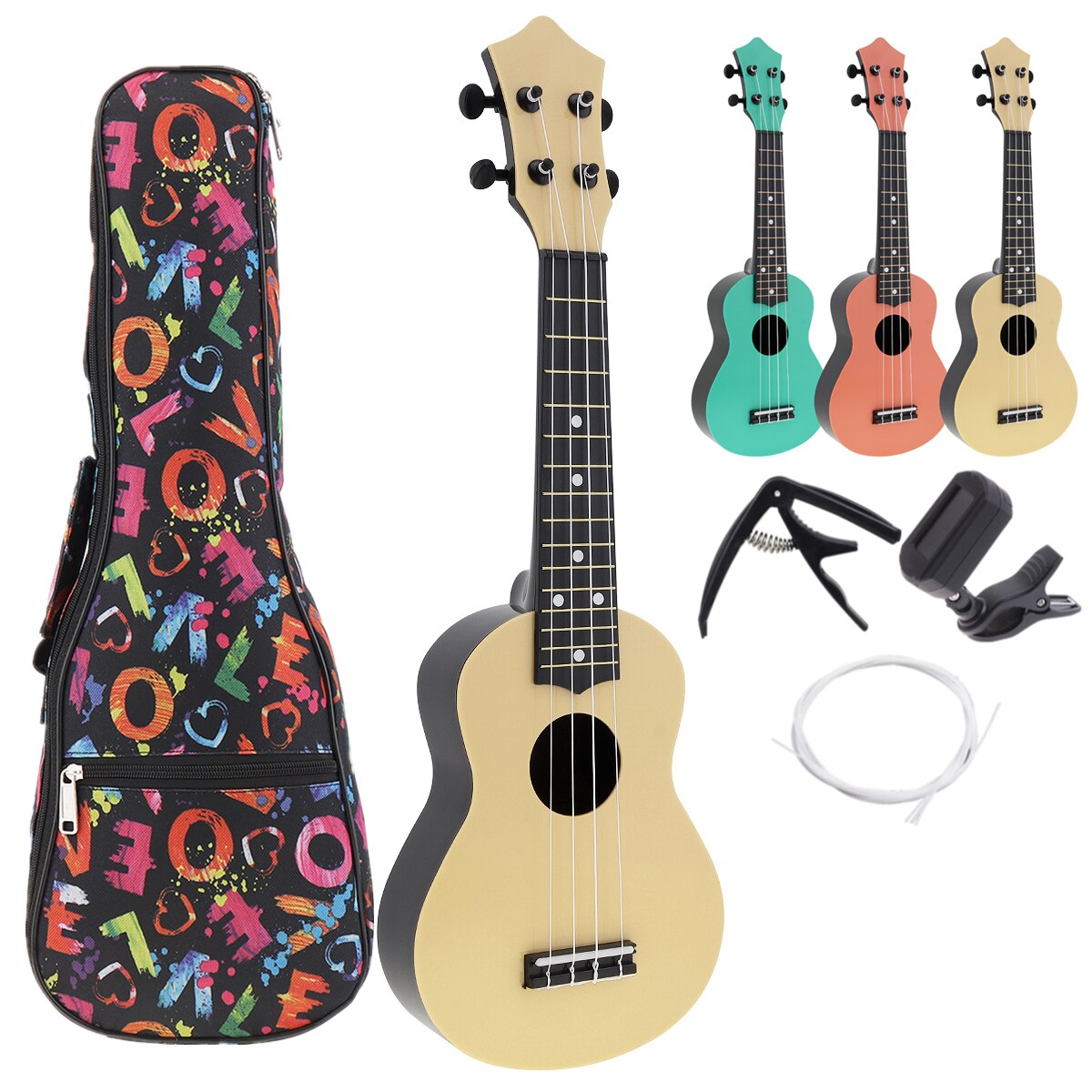21 Inch Soprano Ukulele ABS Plastic 4 Strings Hawaiian Guitar Musical Instruments Ukulele Soprano Guitar with Bag Tuner: Beige