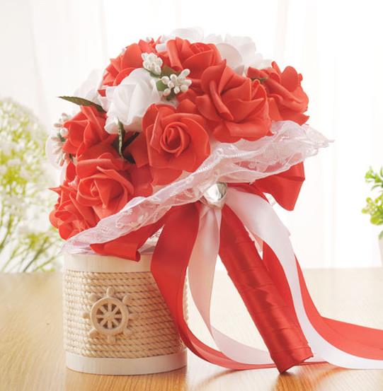Ramo de flores artificiales de seda para dama de honor, suministros de decoración de boda romántica, con encaje, hecho a mano: 06