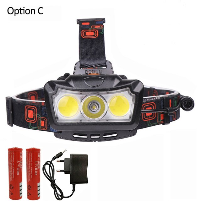 Super Heldere Led Koplamp T6 + 2COB Led Koplamp Koplamp Waterdichte Zaklamp Lanterna Hoofd Licht Gebruik 2*18650 batterij Voor Camping: Option C