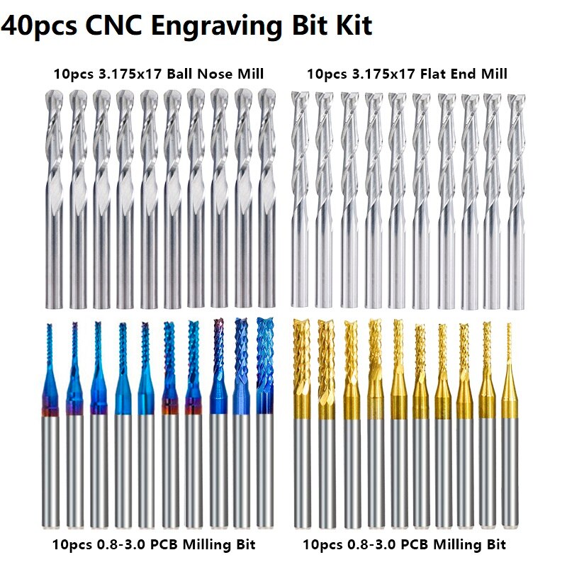 XCAN End Mill Engraving Bits Set Nano Blue Coated CNC Router Bits Cutting Milling Cutter 1/8" Shank Carbide Milling Tools: 40pcs Mill Kit