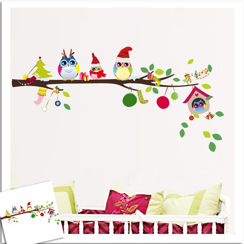 Cartoon Kerst uil op boom Muurstickers voor kinderen kamers nursery Muurschilderingen Decals dieren sticker woondecoratie behang