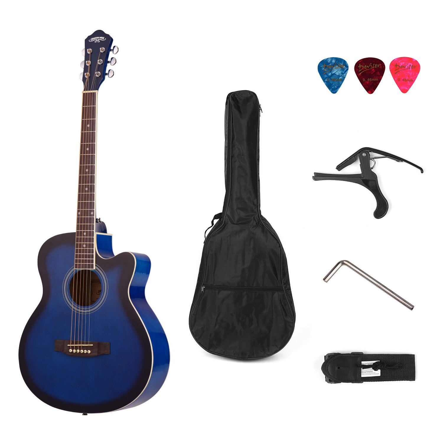 40inch Cutaway Acoustic Folk Guitar 6 Strings Basswood with Strap Gig Bag Capo Picks Guitar Accessories: Blue