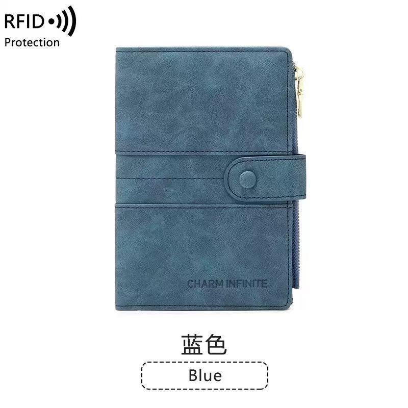 REID Leather Wallet Anti Theft Women's Wallet Multi Slot Short Zipper Wallet: Blue