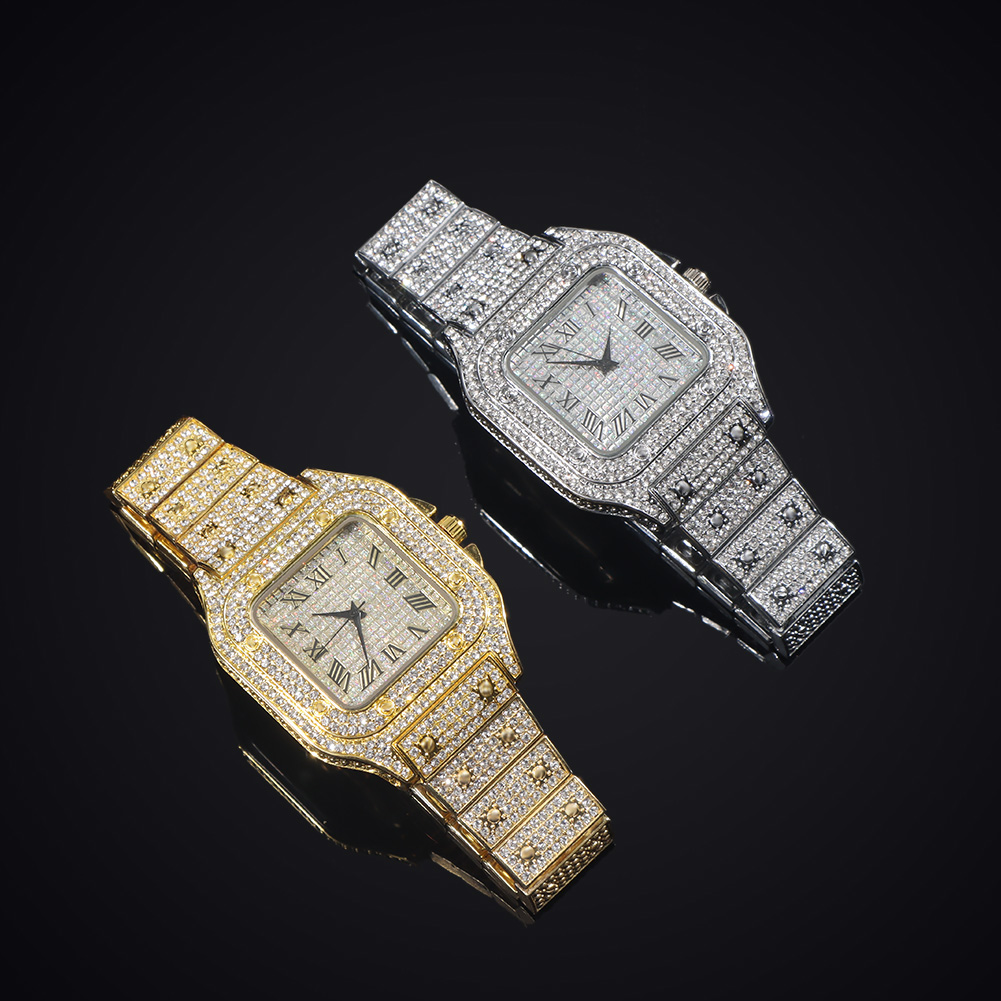 Iced out dameklokke gull sølvfarget firkantet diamanter kvarts luksuriøs hiphop-armbåndsur romersk klokke feminin relogio feminino