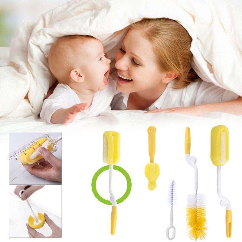 4pz spazzola per biberon bottiglia di lavaggio bottiglia spazzola per capezzoli strumento spugna 360 gradi testa rotante pulizia tazza spazzola kit strumento di pulizia