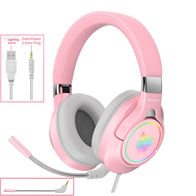 product K15 cute pink head-mounted wired gaming headset with microphone RGB lighting foldable PC stereo headset