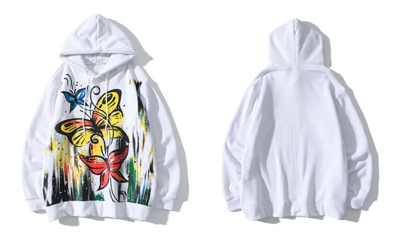 GONTHWID Hoodies Hip Hop Graffiti Butterfly Flowers Print Fleece Hooded Sweatshirts Mens Harajuku Casual Tops Outwear: White / M