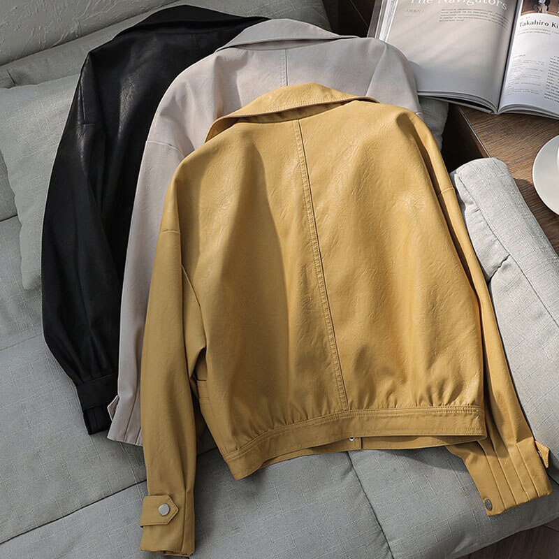 Jesień kobiet Faux skórzana kurtka moda luźna miękka Pu motocykl punkowa skórzana kurtka na wioślarz dla kobiet znosić