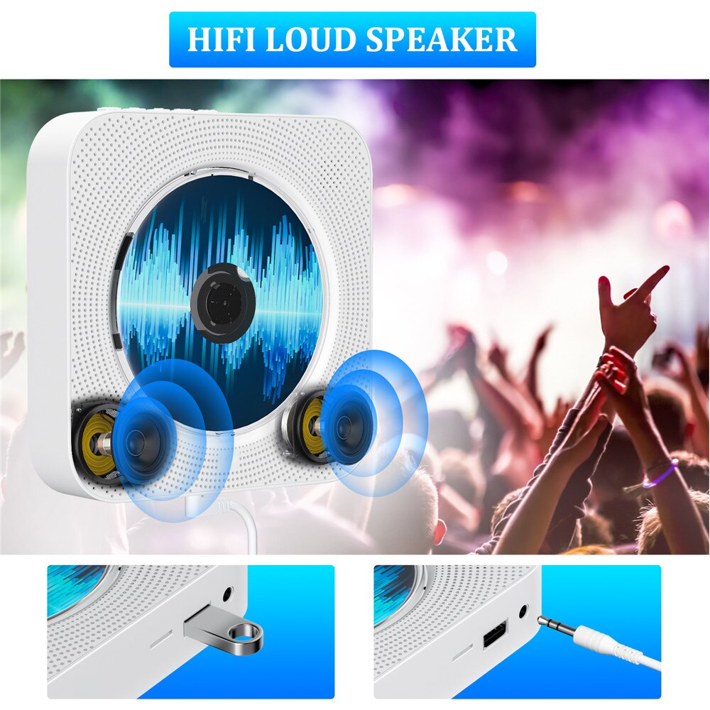 Wall Mounted CD Player With Bluetooth Remote Control Home Stereo FM Radio HiFi Sound Music Built-in Speaker Discman Lecteur CD