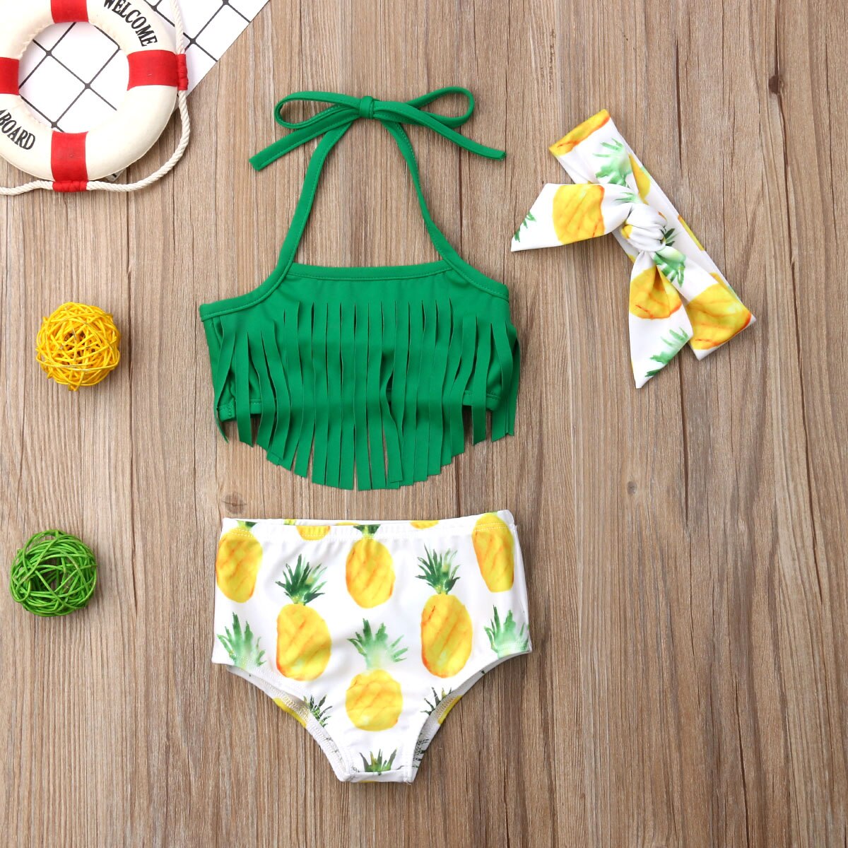 Barn badedragt baby pige badetøj sommer spædbarn bikini toddler kvast top + ananas shorts + hovedbåndstrandbeklædning badedragt: 6m