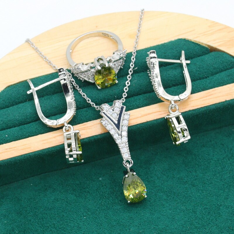Peridoto verde 925-conjunto de joyas de plata para mujer, pulsera de boda, pendientes de aro, anillo, collar, colgante, de Navidad: 02 / 10