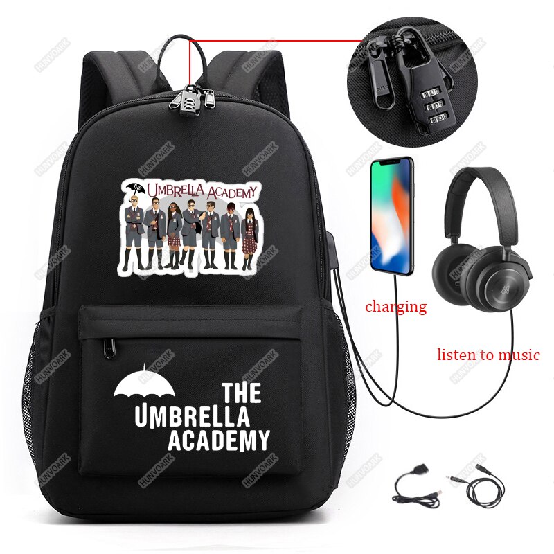 The Umbrella Academy Backpack Students Capacity School Bags For Boy Girl Teenager USB Charge Computer Anti-theft Laptop Mochilas: Dark Grey