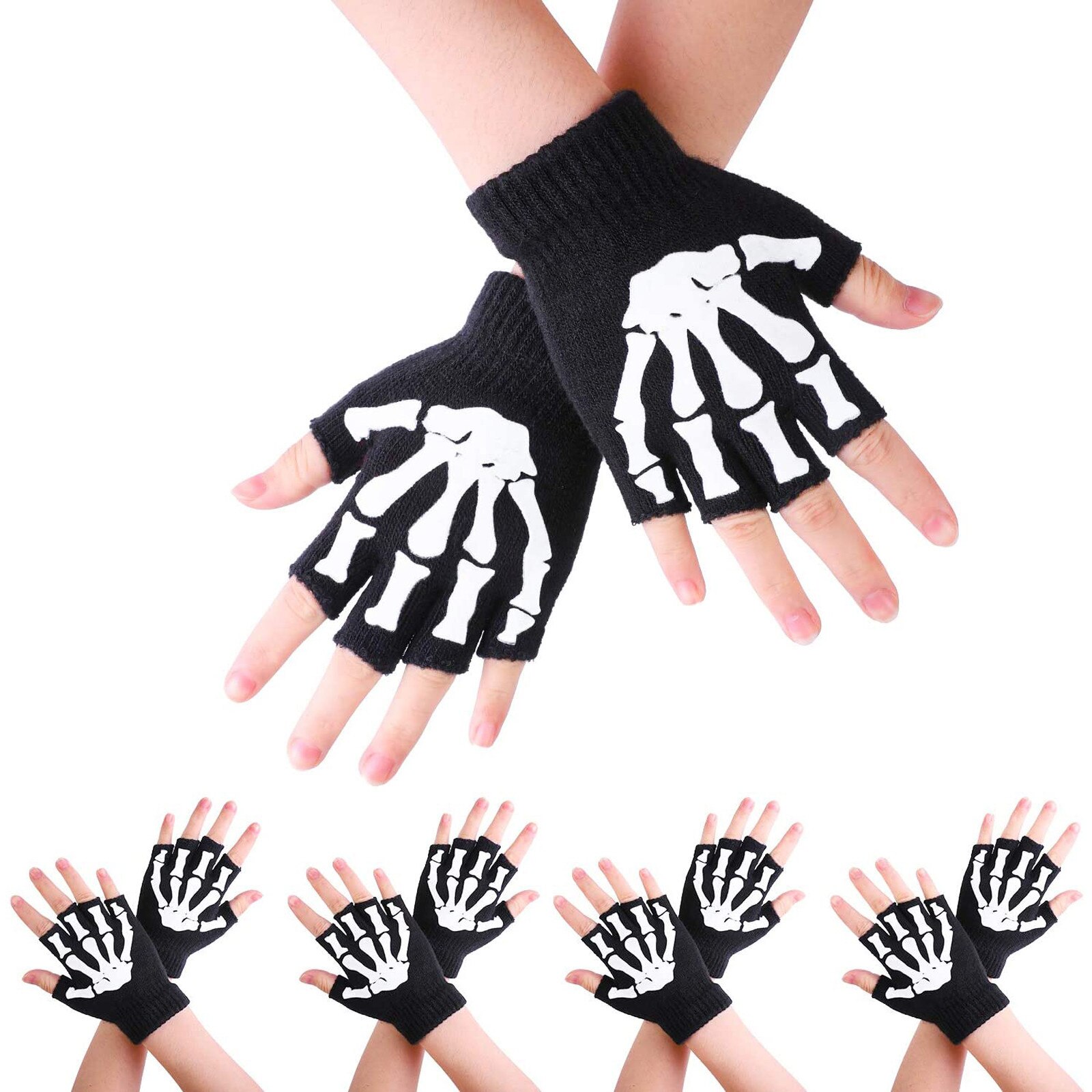 1/2/5 Pairs Kinderen Half Vinger Handschoenen Unisex Halloween Skelet Schedel Glow In The Dark Vingerloze Stretch Gebreide Winter mit: 5 Pairs