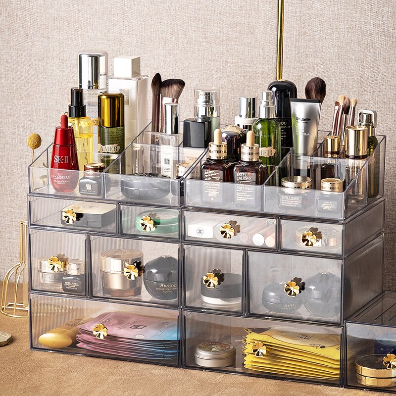 Vanity Clear Makeup Organizer Drawers Stackable Skin Care Products Cosmetic Display Beauty Case Cotton Pad Jewelry Storage Box