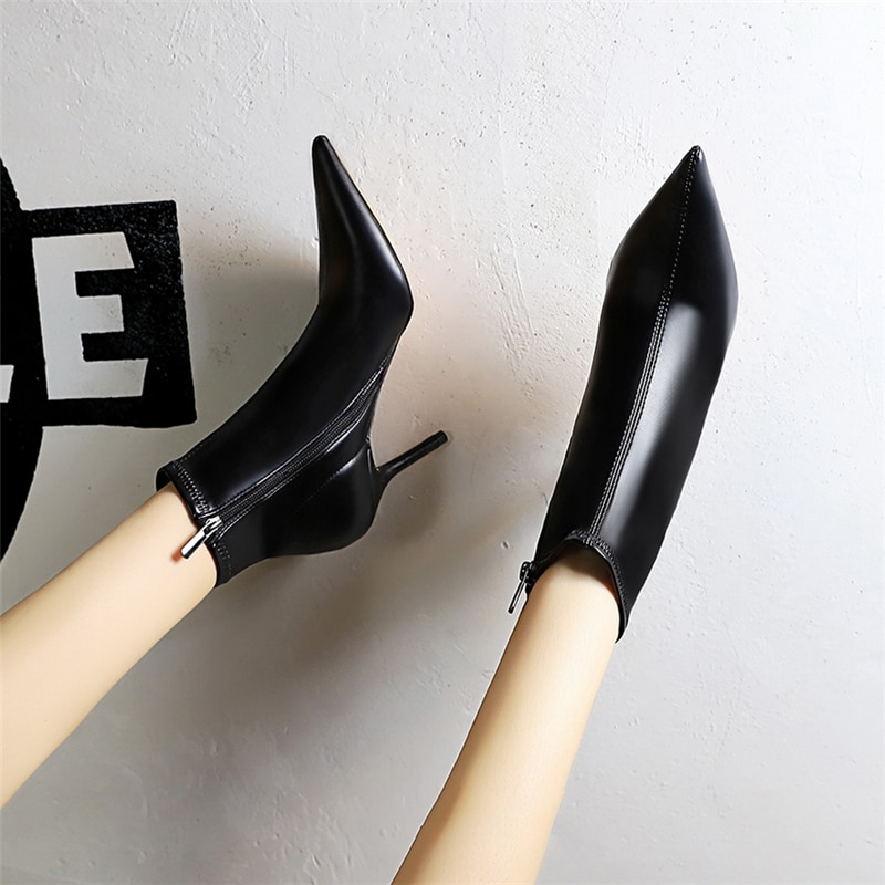 Women 8cm High Heels Boots Black Pointed Toe Leather Thin Low Heels Ankle Boots Sexy Nightclub Party Zip Short Shoe