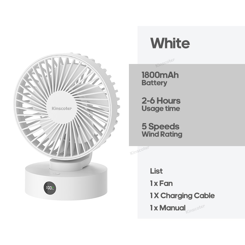Mini ventilador de sobremesa silencioso de gran potencia de viento Ventilador inalámbrico recargable de 5 velocidades Ventilador pequeño con pantalla para estudiantes de oficina: Blanco