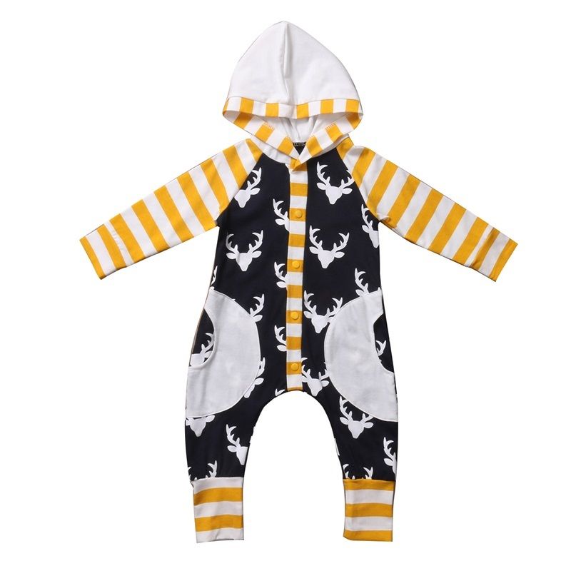 Herfst Pasgeboren Baby Jongen Meisje Kleding Lange Mouw Gestreepte Herten Print Hooded Romper Jumpsuit Een Stukken Outfits 0- 2T