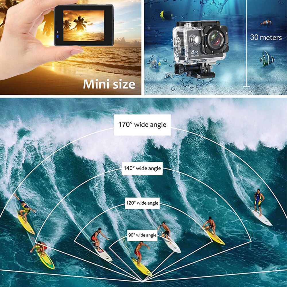 Caméra d'action 4K Ultra HD WIFI 16MP Sport caméra 1080P 170 degrés 2.0 pouces écran casque caméra plongée étanche 30M Sport DV