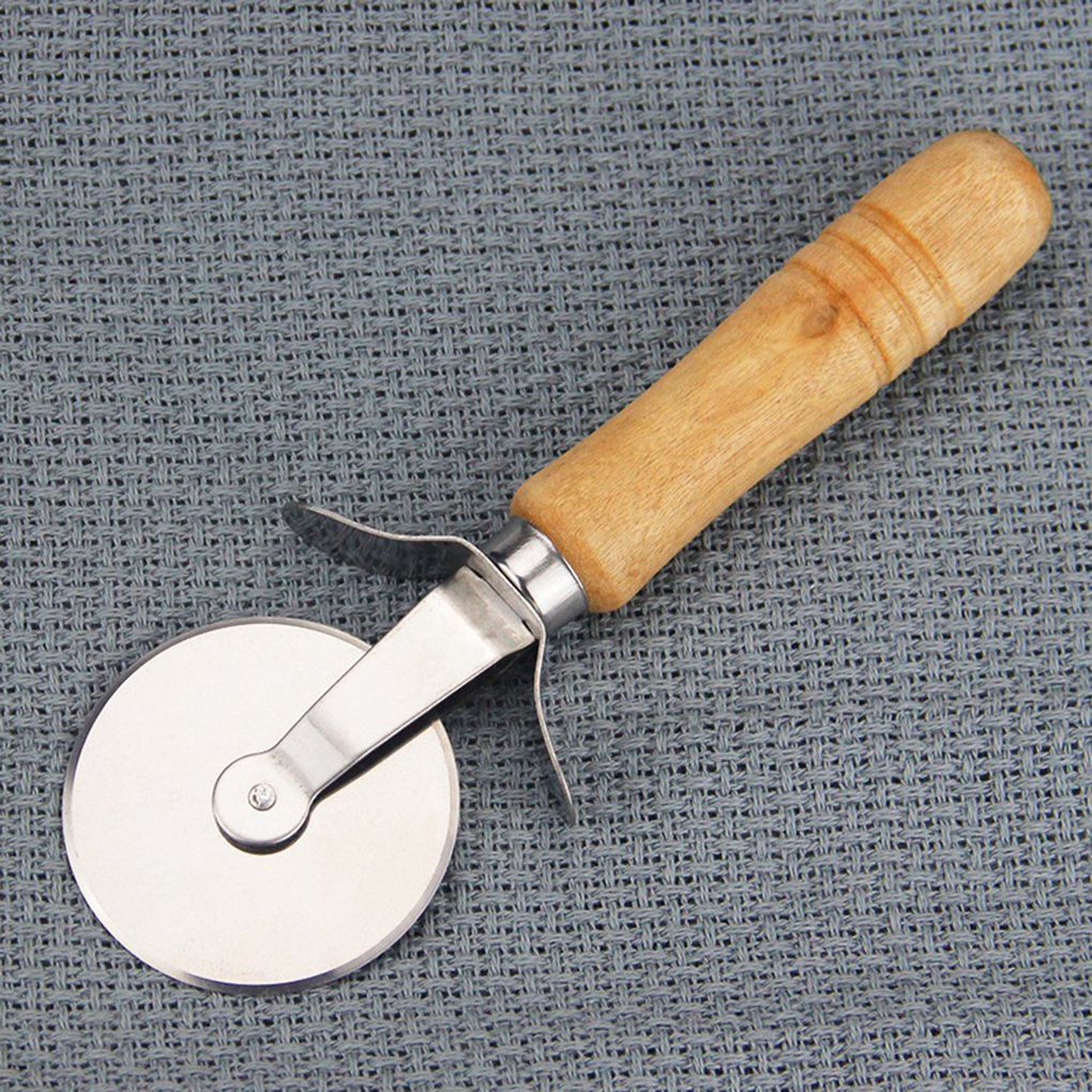 Round Pizza Cutter Stainless Steel Wooden Handle Pastry Dough Cut Tool Kitchen Baking Tools