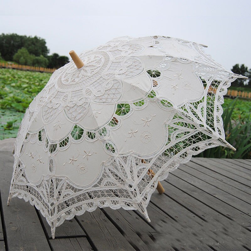 Kanten Parasol Paraplu Bruiloft Paraplu Elegante Kant Paraplu Katoen Borduren Ivoor Battenburg: Beige