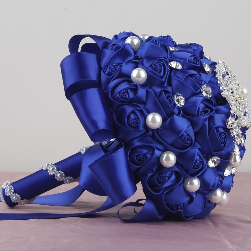 Gorgeous Crystal Beads Ribbon Royal Blue Wedding Bouquets Buque De Noiva Artificial Ramo Boda