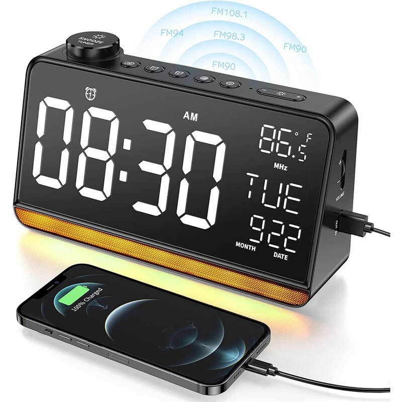 Radio-réveil numérique pour chambre à coucher, 9 pouces, avec chargeur USB, double réveil, 4 fonctions sonores de sommeil