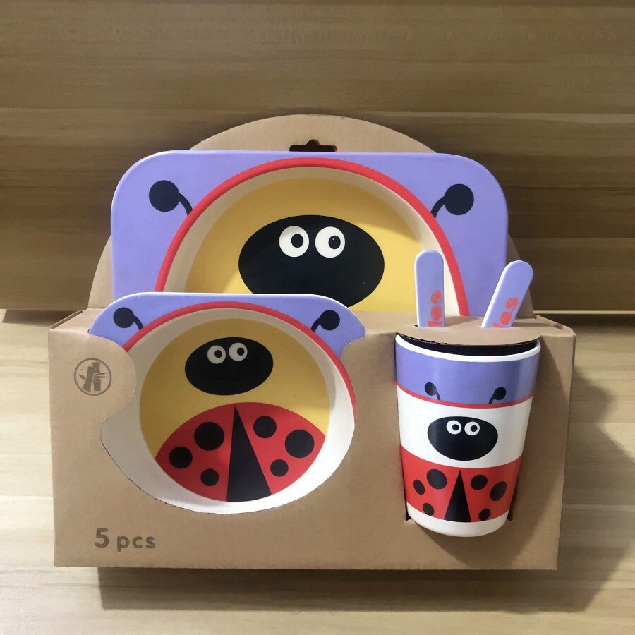 5pcs/set Baby Dish Tableware Children Cartoon Feeding Dishes Kids Natural Bamboo Fiber Dinnerware With Bowl Fork Cup Spoon Plate: Type 21