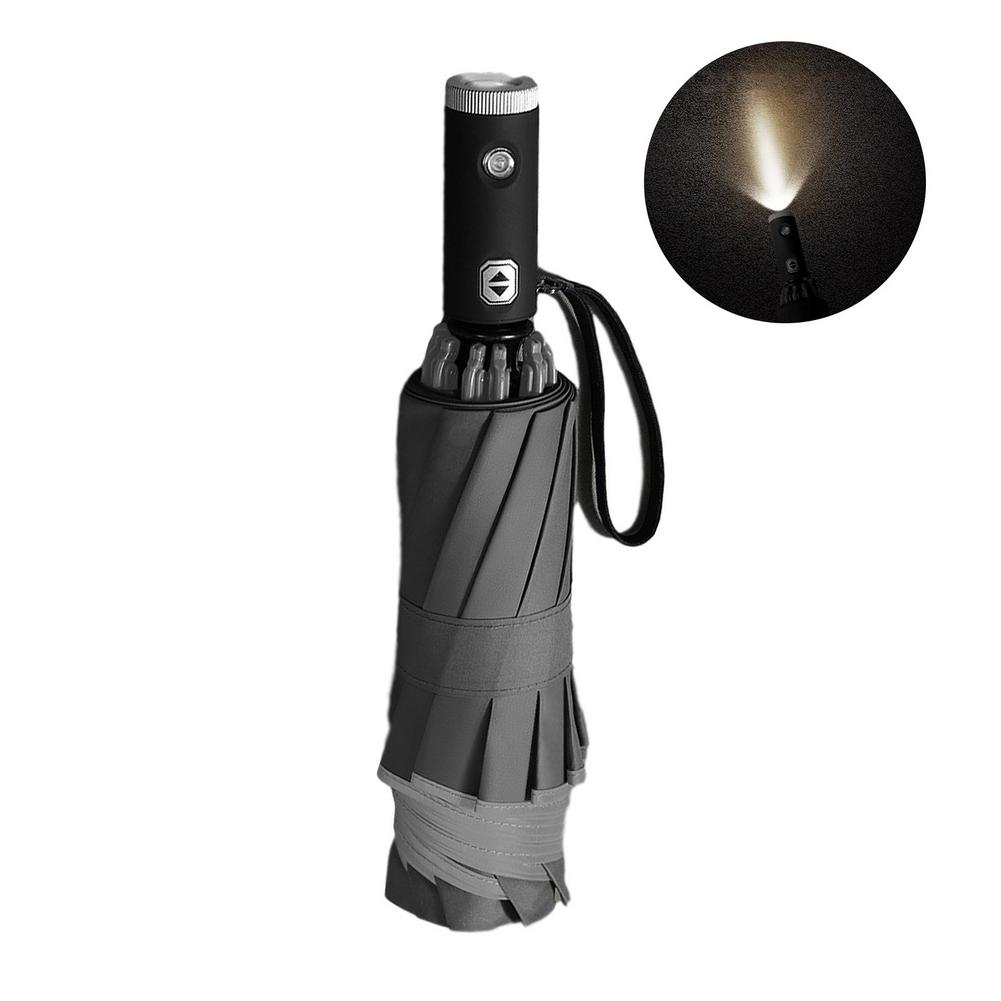 Automatic Reverse Folding Umbrella LED Reflective Strip Automatic Umbrella Flashlight Three-fold Windproof Car Business Umbrella: Gray