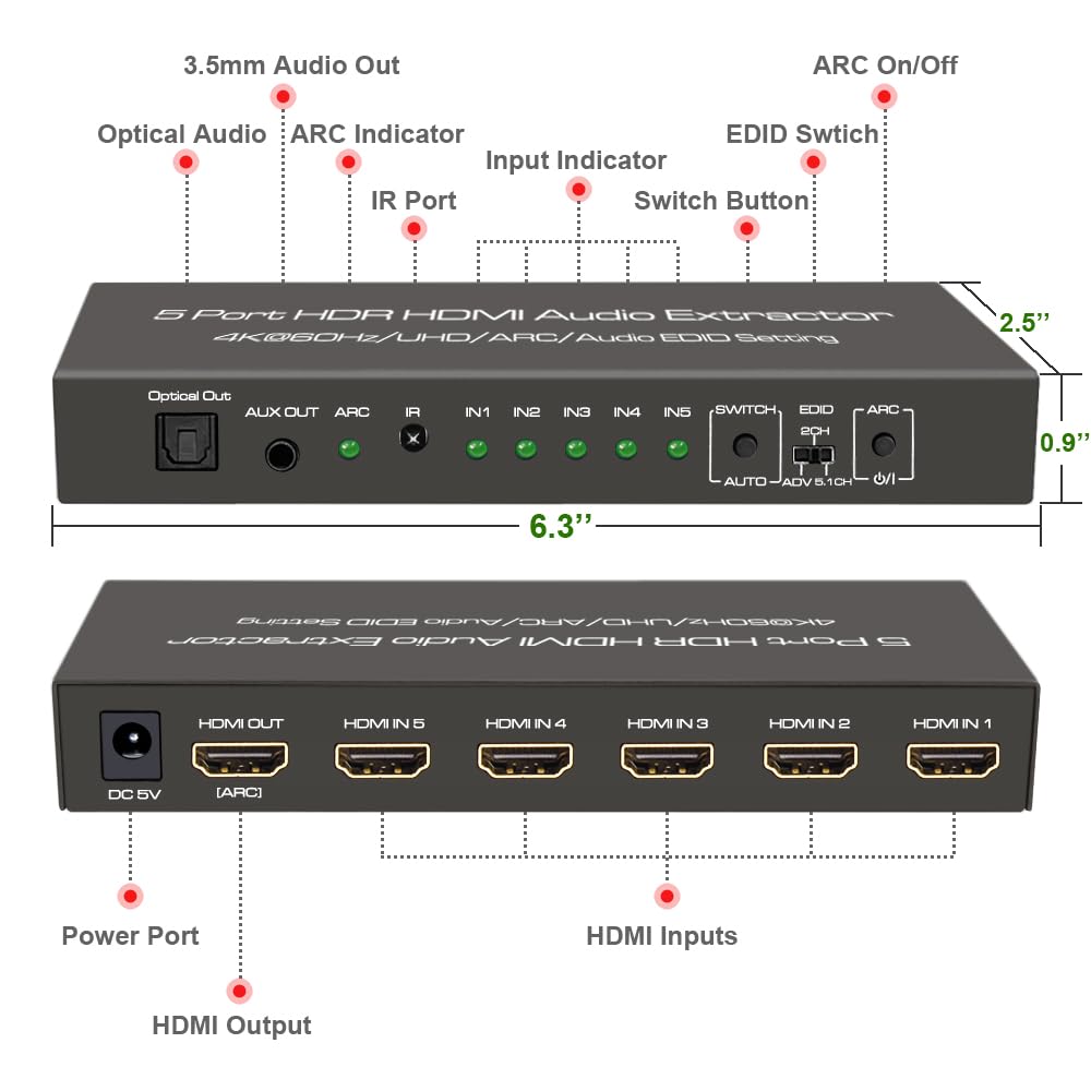 Extrator de áudio HDMI com controle remoto, 5 portas, 4K @ 60Hz, óptico, 3,5mm AUX, saída de áudio, HDMI 2.0