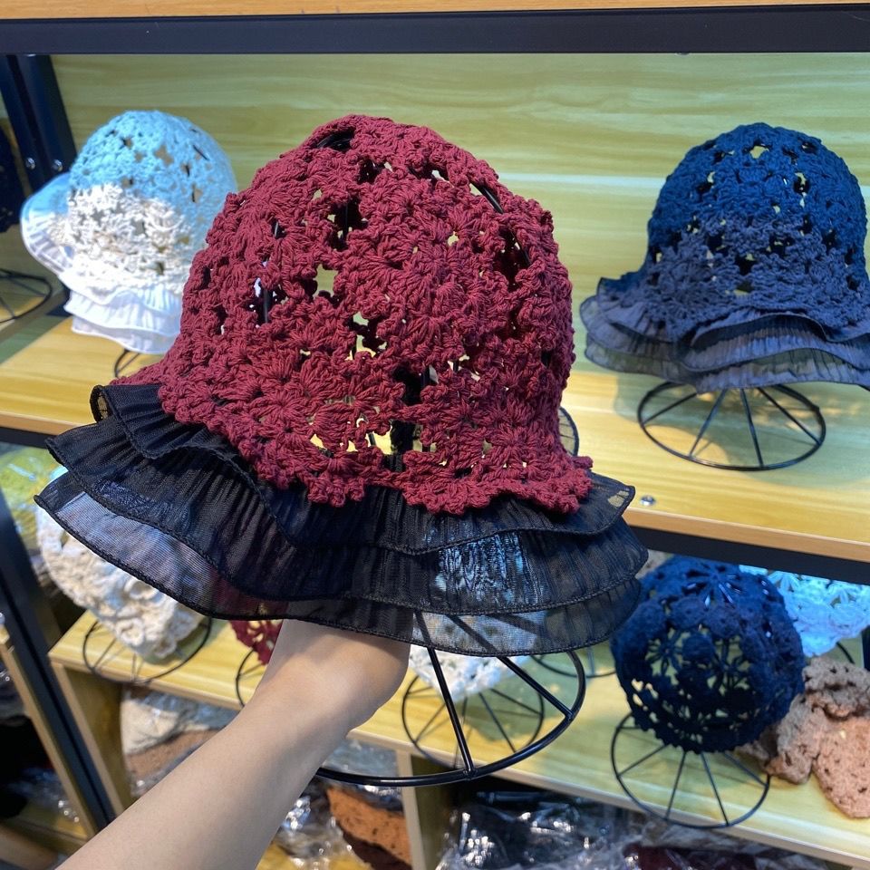 202012-yc2115 French garden Eyelash lace handmade crochet Ruffle Hollowing out acrylic leisure lady sun cap women hat: Red