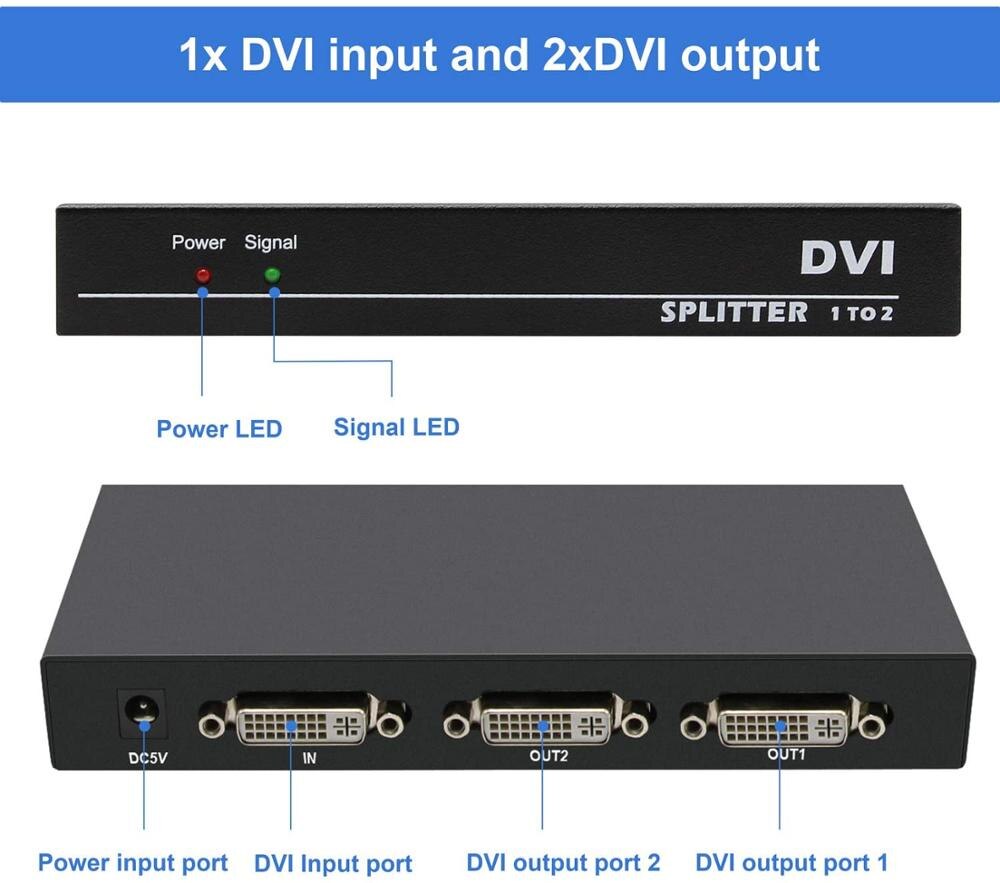 DVI Splitter 1 in 2 Out DVI Splitter 1x2 with Power Adapter Support 4K@30Hz for PC Laptop DVR Projector HDTV DVI Port Devices