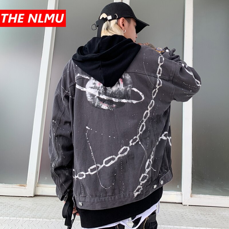 Graffiti print grå denim jakker streetwear hiphop casual punk rock jeans jakker frakker outwear hipster toppe  wq174
