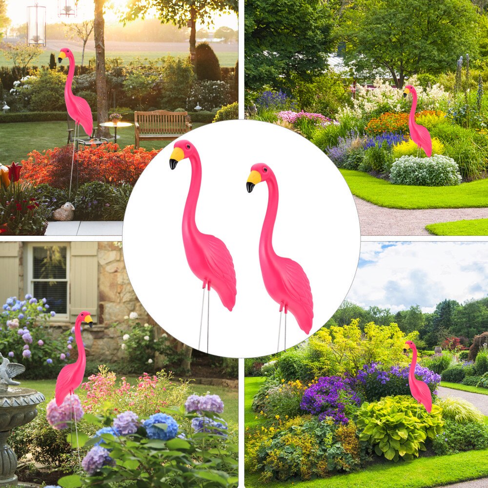 2pcs Artificial Flamingo Stake Outdoor Garden Lawn Decor Flamingo Statue (Pink)