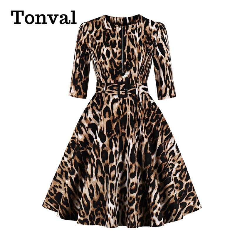 Tonval lynlås foran leopardprint rockabilly kvinder vintage kjole 3/4- lange ærmer efterår bomuldskjoler med bælte