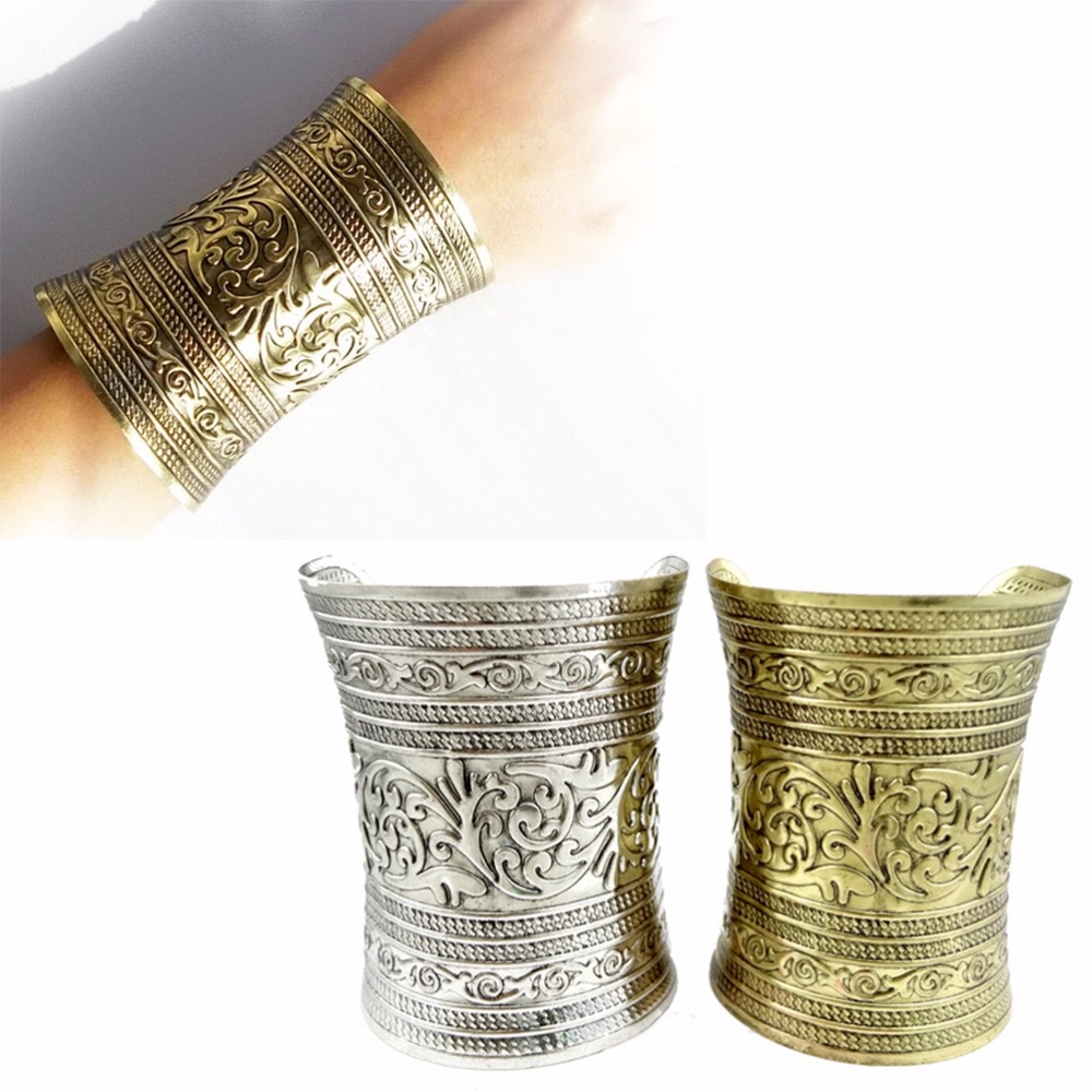 1Stck Jahrgang Tibetischen Punk Stil Stamm retro Silber Bronze- Pulseira Carving Blume Breite Kette C bilden Indische Armreif Manschette geöffnet