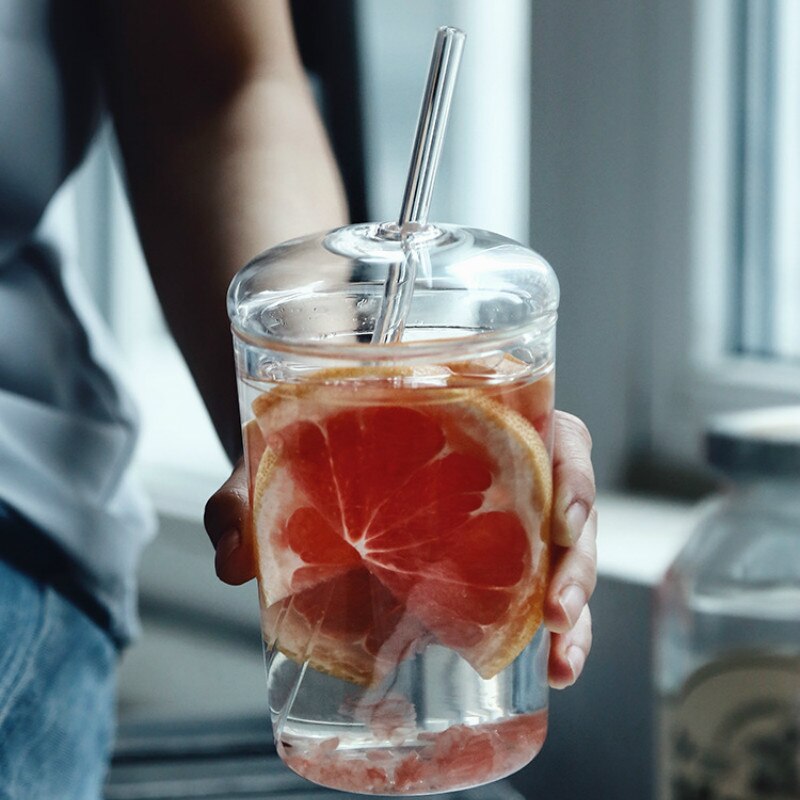 Vaso de vidrio nórdico con pajita para estudiantes, vaso de agua transparente , resistente al calor, fresa, 300ml