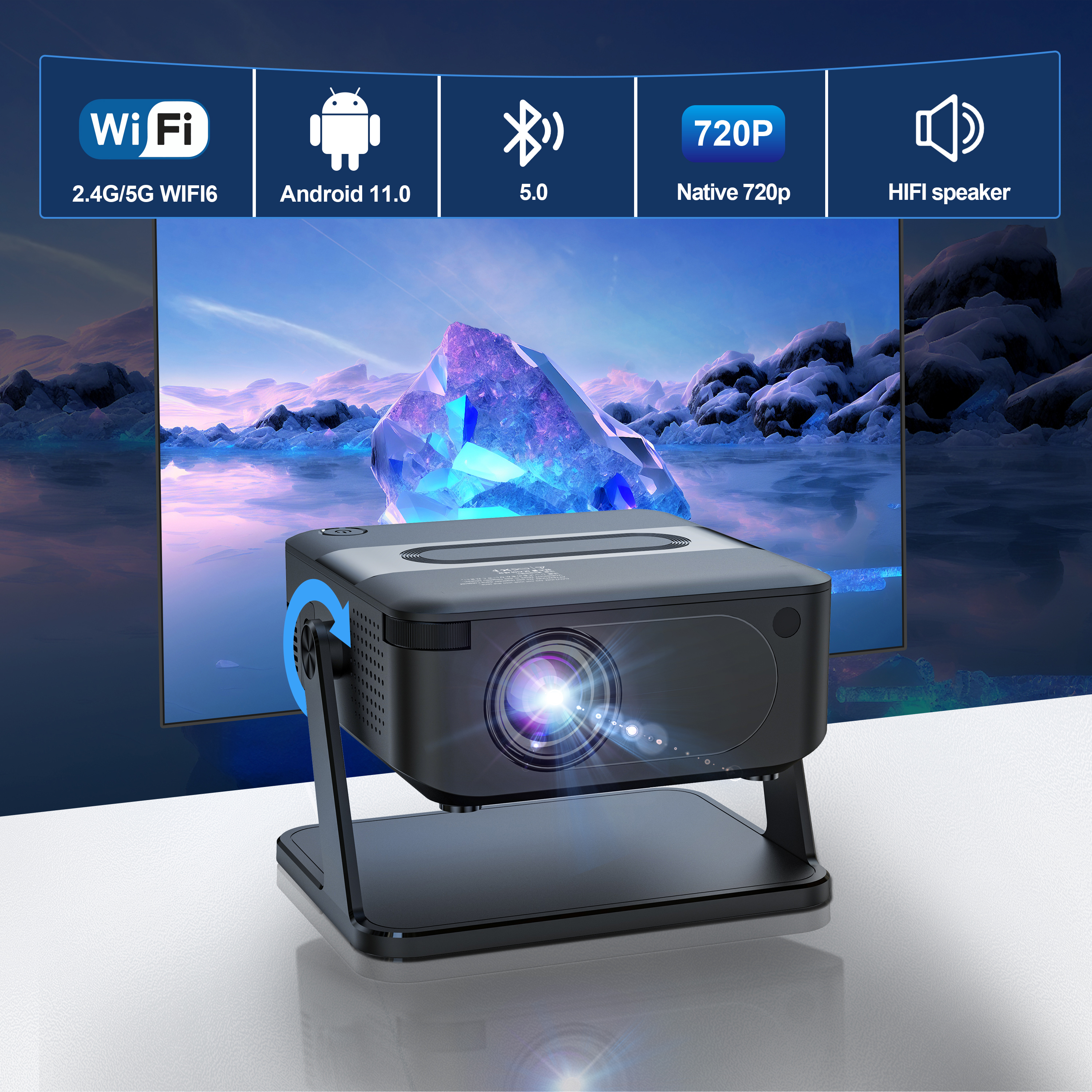 Salange HA109 Mini Projector Android11 WiFi6 BT5.0 280 ANSI 720P Built-in App Mirror SmartPhone for 1080P 4K Video Home Cinema