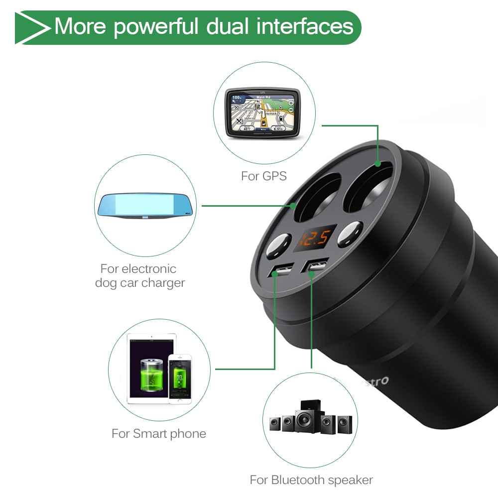 Powstro 3.1A Dual USB Car Charger Adapter Met 2 Sigarettenaansteker Auto Bekerhouder Type Ondersteuning Voltmeter Huidige Display