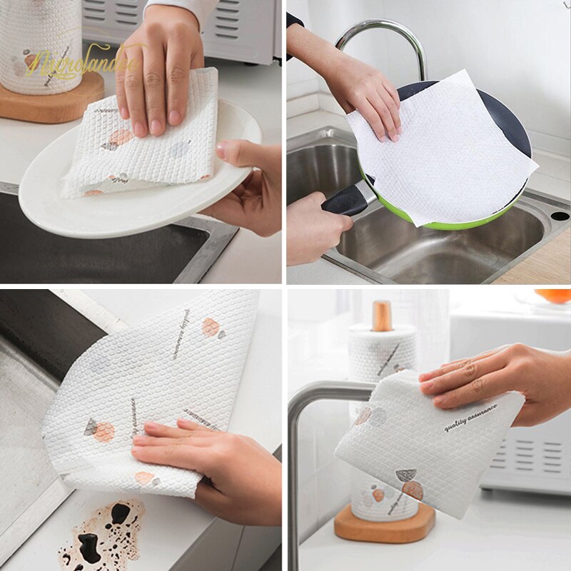 Nicrolandee 1 rulle non-woven stof dovne klude våde og tørre vaskbare engangsopvaskepapir til køkkenarbejde