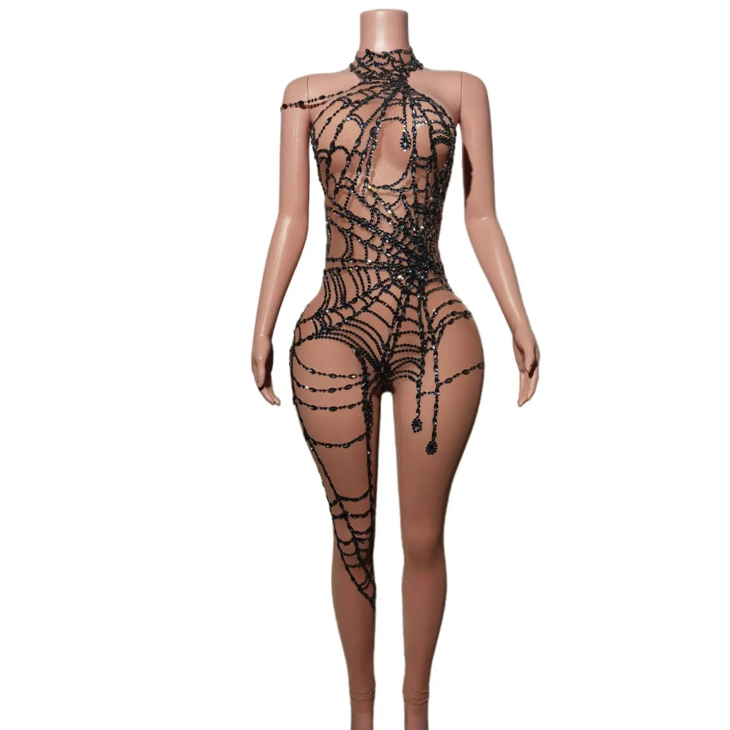 Doorzichtige Jumpsuit Voor Dames Spinnenweb Diamant Mouwloze Fitnes Activiteit Workout Overalls Slim Stretch Club Dance Podiumkleding: Default Title