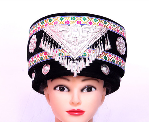 Kinesisk minoritetshat miao kasket kinesisk nationalhat vintage kasket til kvinder kinesisk nationaldanserhat dansehætte: Sort