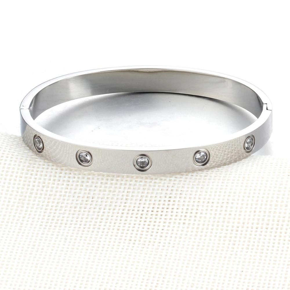Pulseras de tornillo para amantes de las mujeres pulseras y brazaletes de acero inoxidable piedra de cristal 3 colores mujer joyería (BA101759): silver