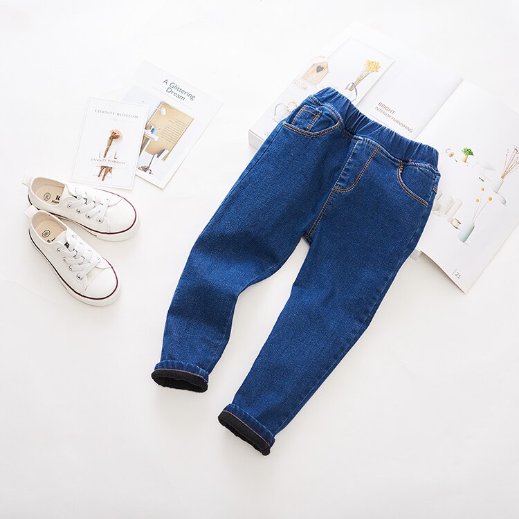 Piger vinter denim bukser børn børn baby koreansk casual plus velour jeans varme lange bukser