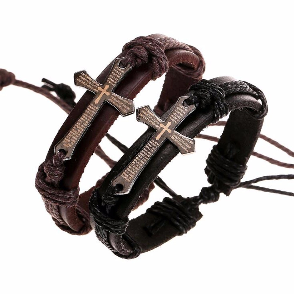 Neue Männer Frauen Schmuck Jahrgang Leder Armbänder &Ampere; Armreifen Metall Kreuz Jesus Charme Armbinde Einstellbar Wachs Schnur Armbinde